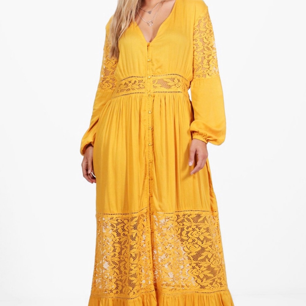 Boohoo Yellow Boho Dress with Lace